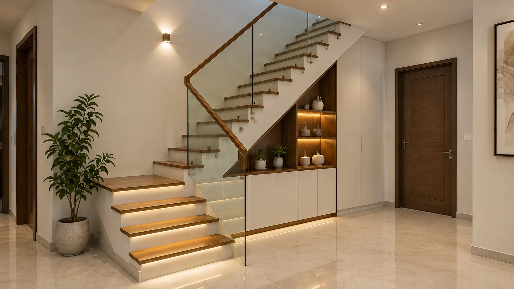 Contemporary L-Shaped Staircase with Wood Treads and Under-Stair Storage | Interior Design Idea by IndecSpace