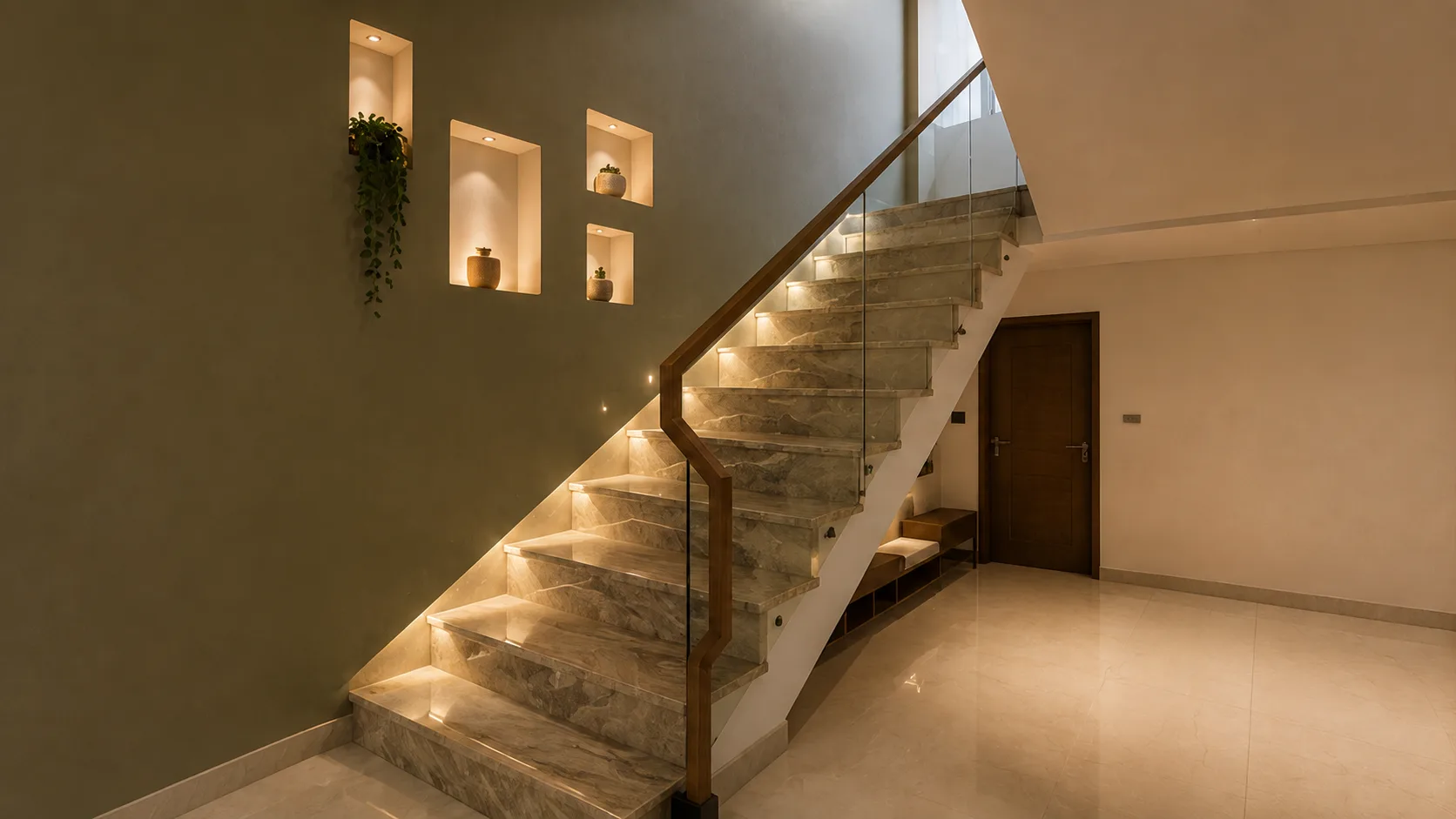 Contemporary Marble Staircase with a Glass Balustrade and Step Lighting | Interior Design Idea by IndecSpace