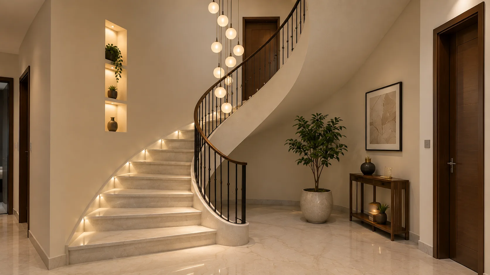 Curved Staircase with Marble Steps and Globe Pendant Lights — view 1 | IndecSpace