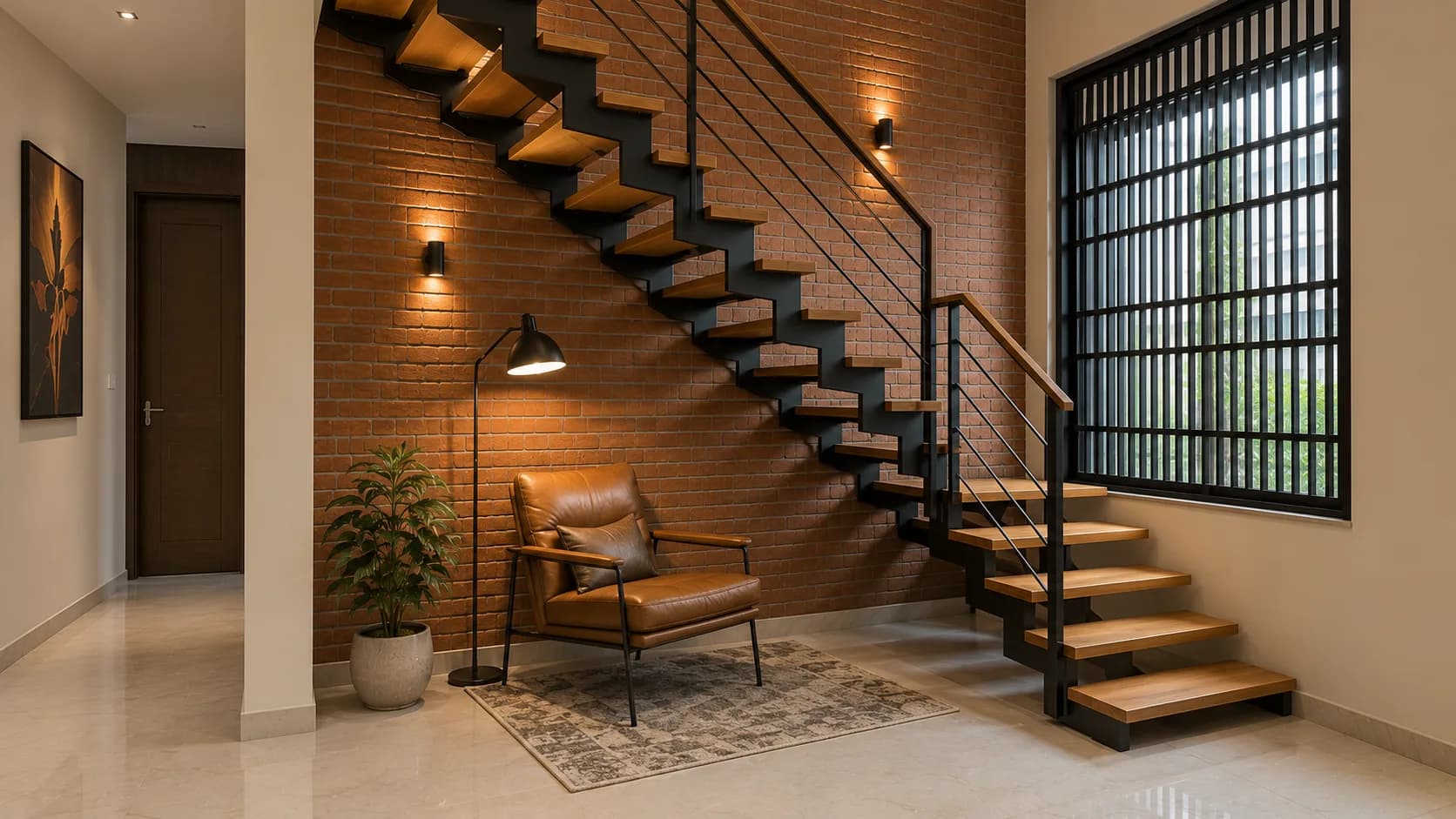 Industrial Staircase with Wood Treads, Black Steel and Exposed Brick | Interior Design Idea by IndecSpace