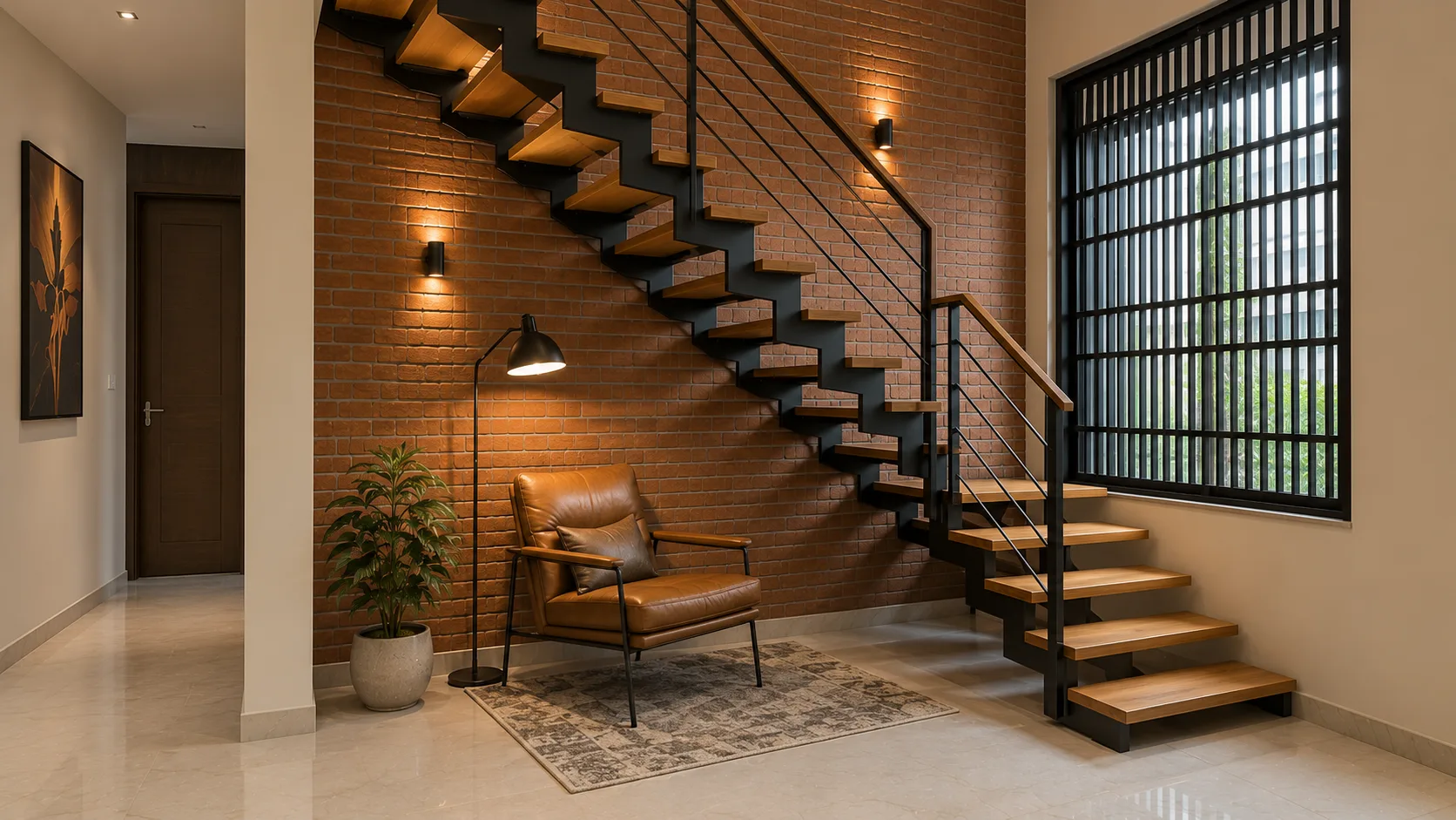 Industrial Staircase with Wood Treads, Black Steel and Exposed Brick | Interior Design Idea by IndecSpace