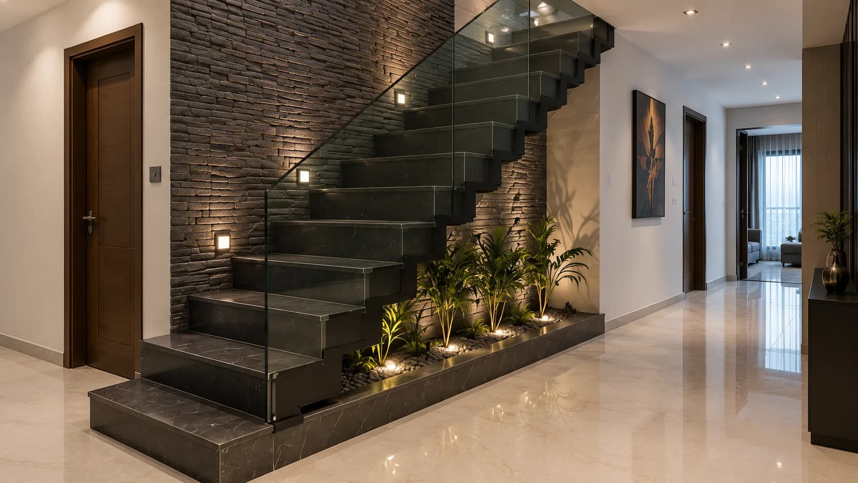 Modern Dark Stone Staircase with a Glass Railing and Under-Stair Planter | Interior Design Idea by IndecSpace