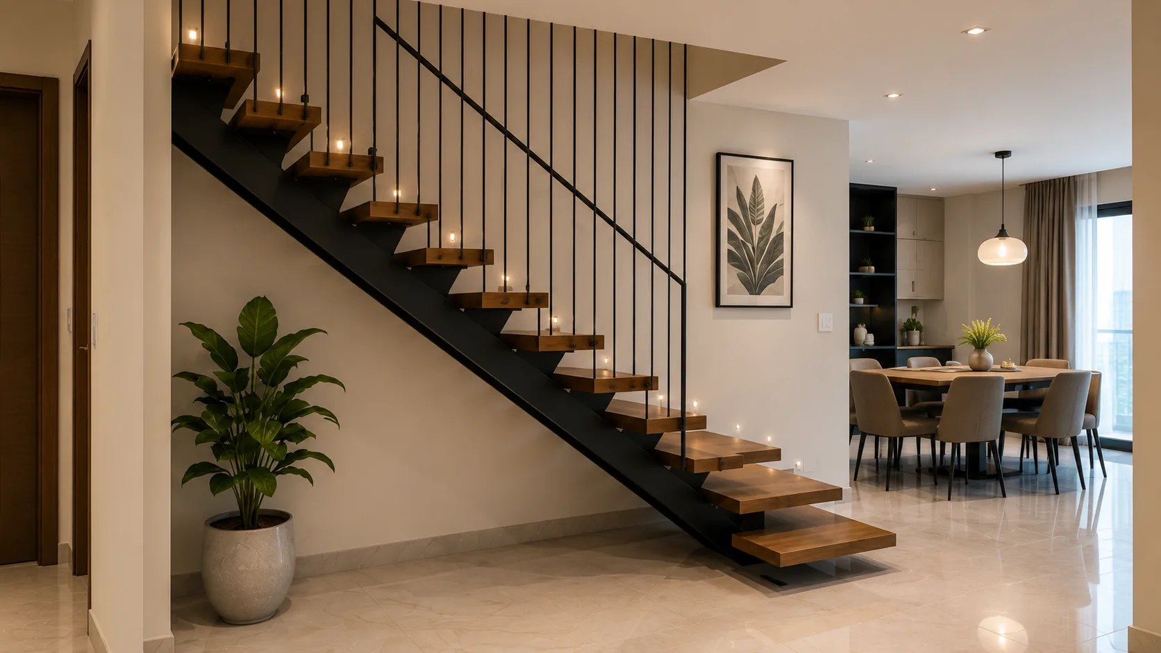 Modern Open-Riser Staircase with Wood Treads and Vertical Railing | Interior Design Idea by IndecSpace