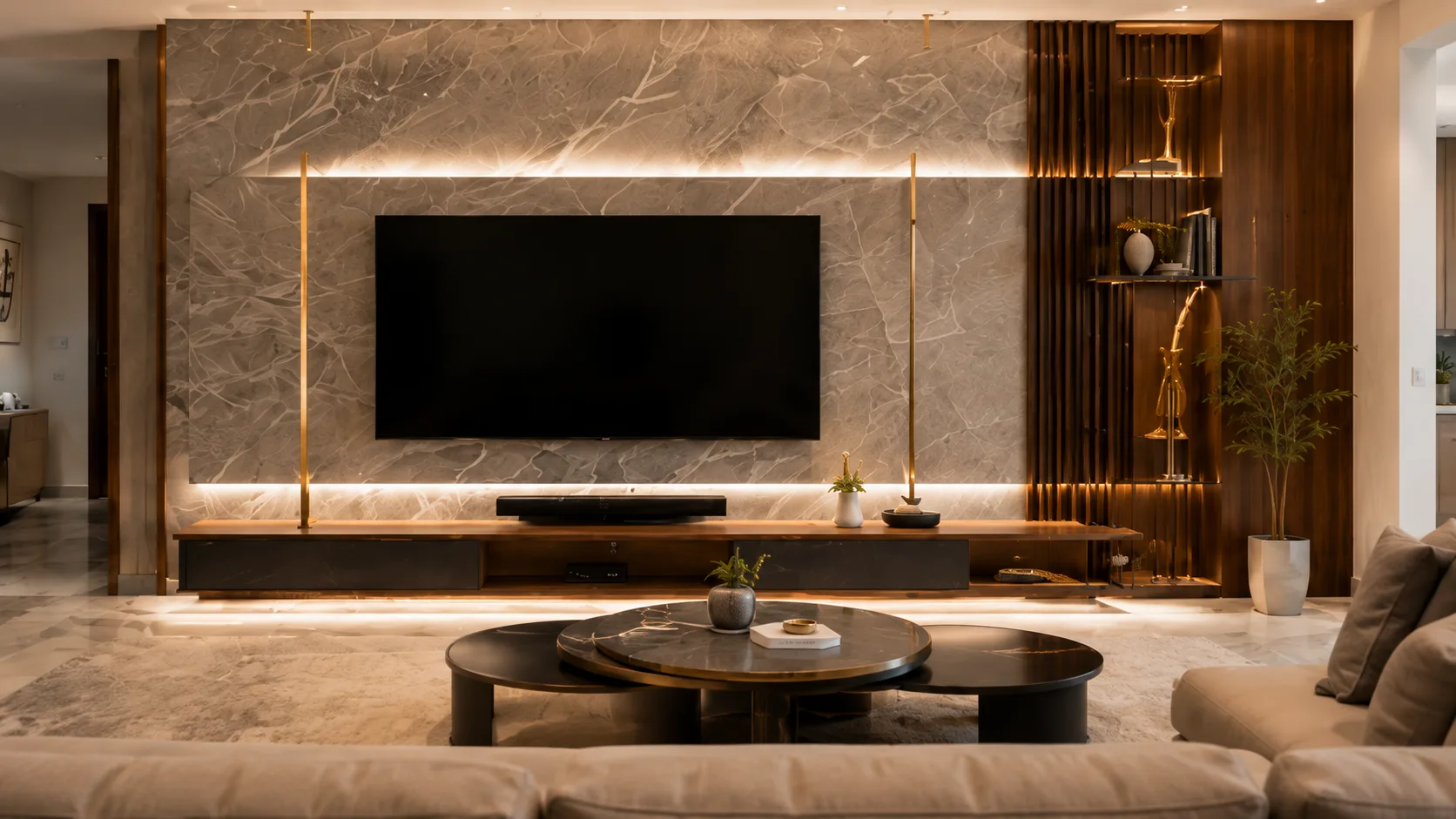 Contemporary Marble TV Unit with Brass Accents and Ribbed Walnut Shelves | Interior Design Idea by IndecSpace