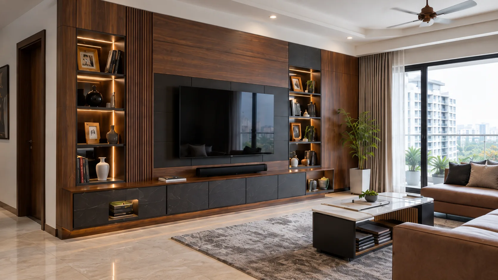 Contemporary Walnut TV Unit with Charcoal Storage and Lit Display | Interior Design Idea by IndecSpace