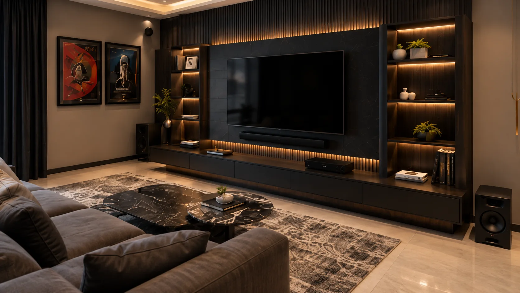 Dark Modern TV Unit with a Black Marble Wall and Illuminated Display | Interior Design Idea by IndecSpace