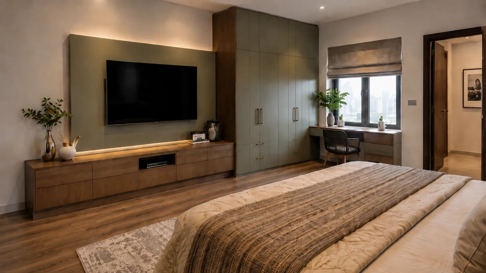 Modern Bedroom TV Unit with a Sage Panel and Walnut Console | Interior Design Idea by IndecSpace