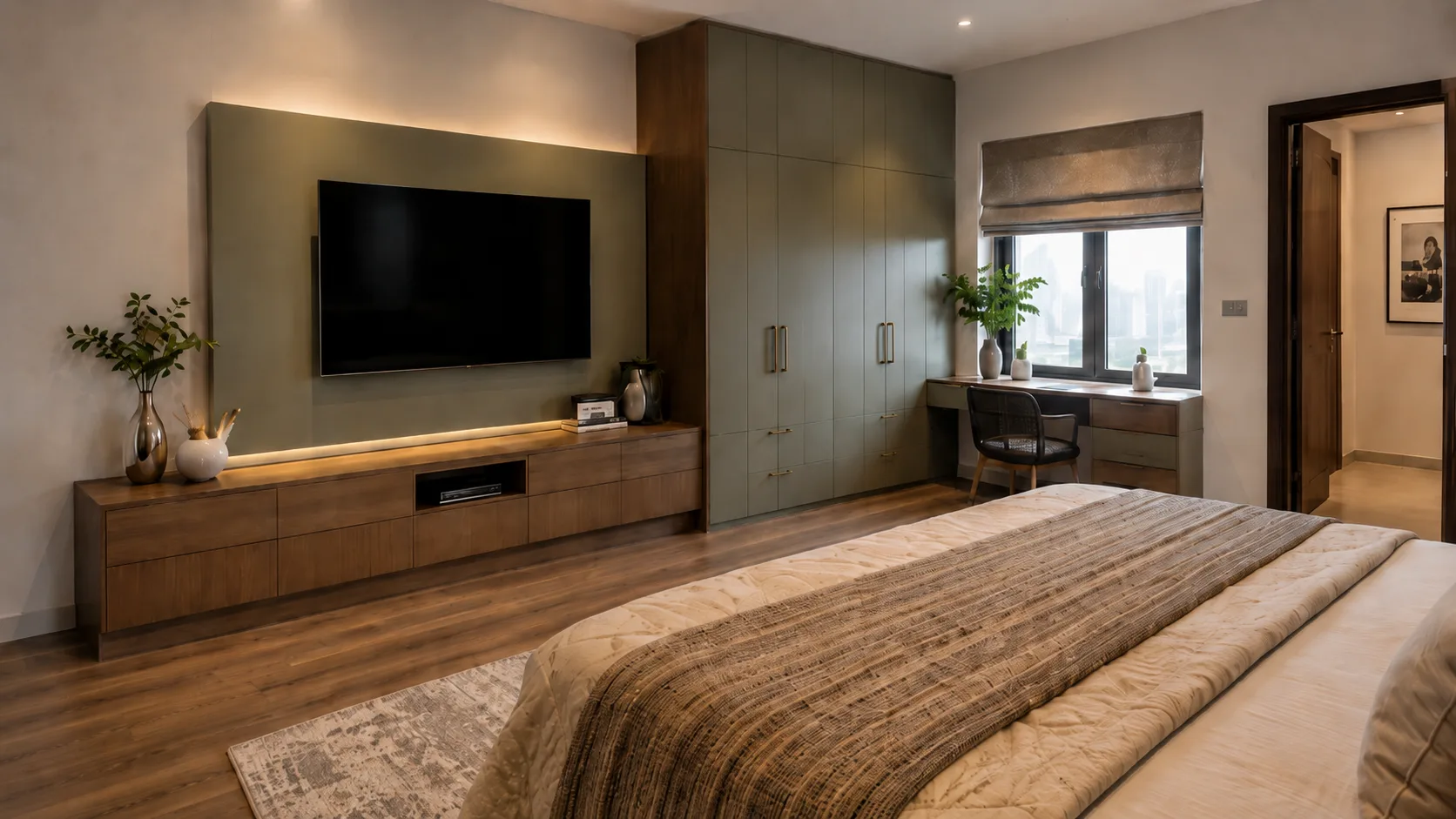 Modern Bedroom TV Unit with a Sage Panel and Walnut Console — view 1 | IndecSpace