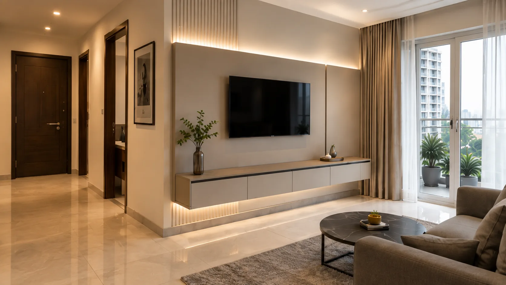 Modern Floating TV Unit with a Warm Grey Wall and Underlit Console — view 1 | IndecSpace