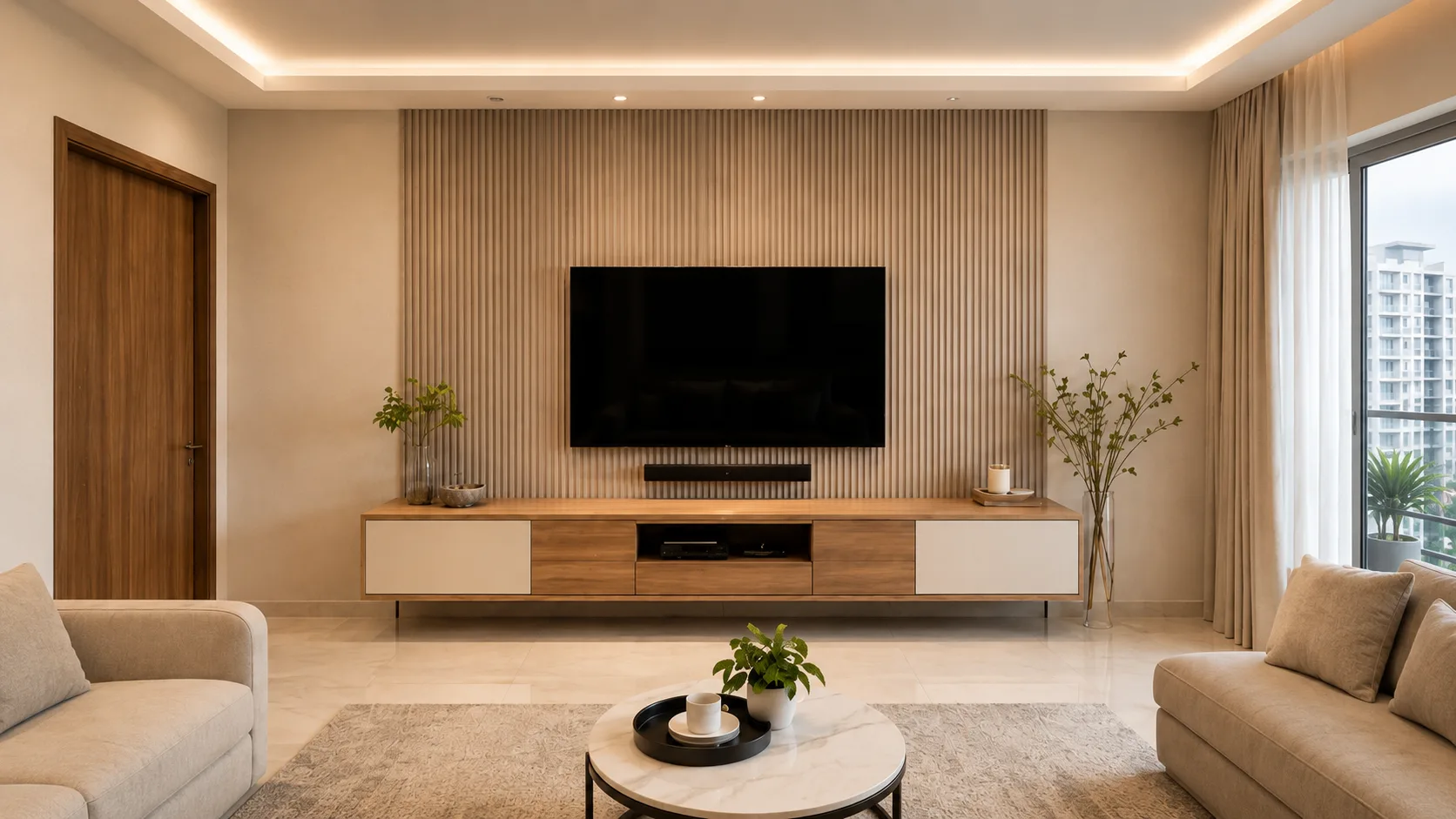 Warm Minimal TV Unit with a Light Oak Slat Wall and Floating Console | Interior Design Idea by IndecSpace