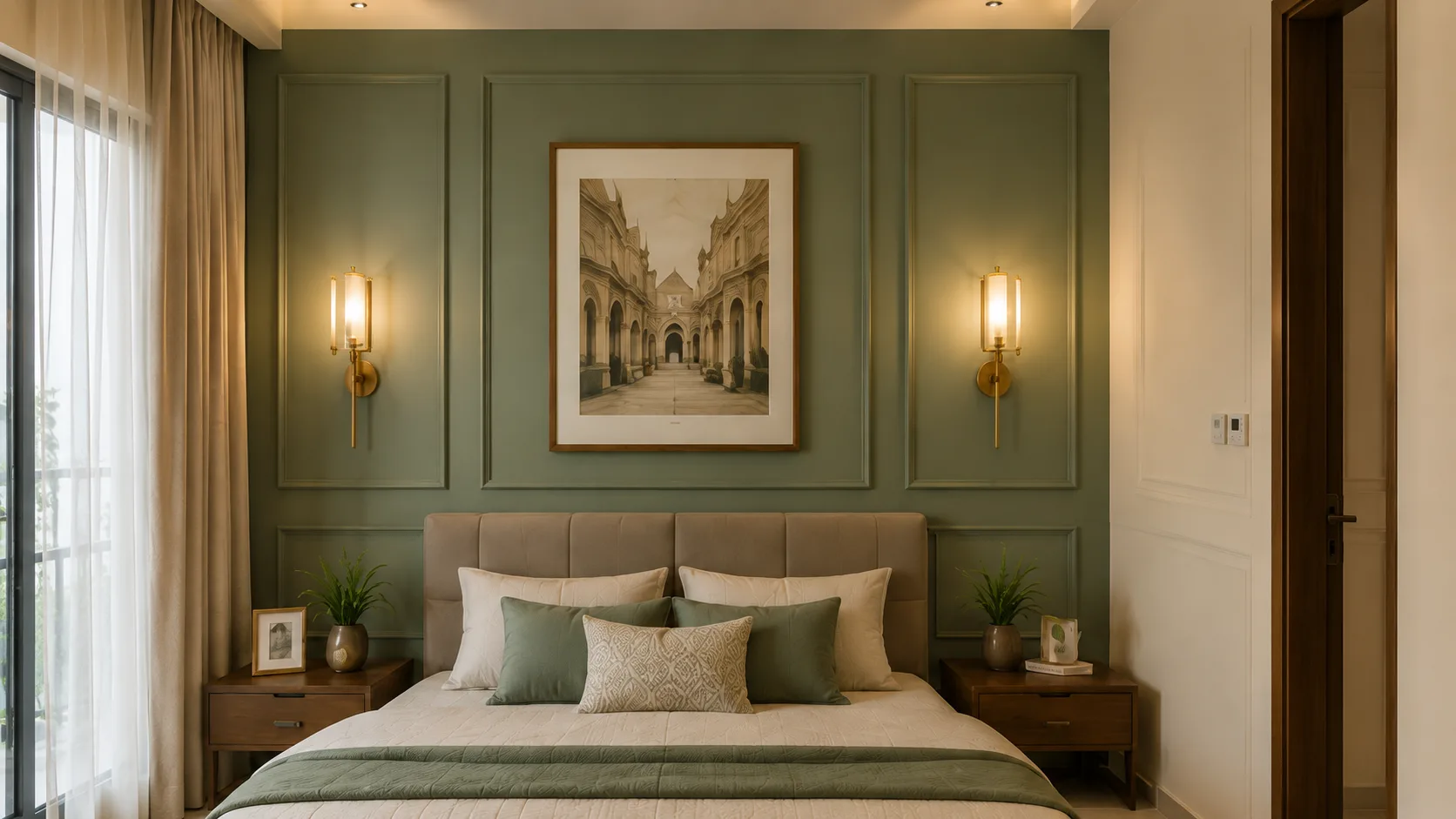 Classic Contemporary Bedroom Wall with Sage Moulding and Framed Artwork | Interior Design Idea by IndecSpace