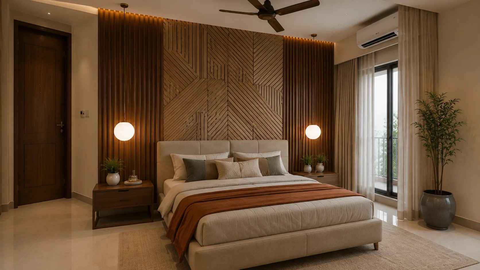 Contemporary Bedroom Wall with Geometric Wood Panels and Fluted Slats | Interior Design Idea by IndecSpace