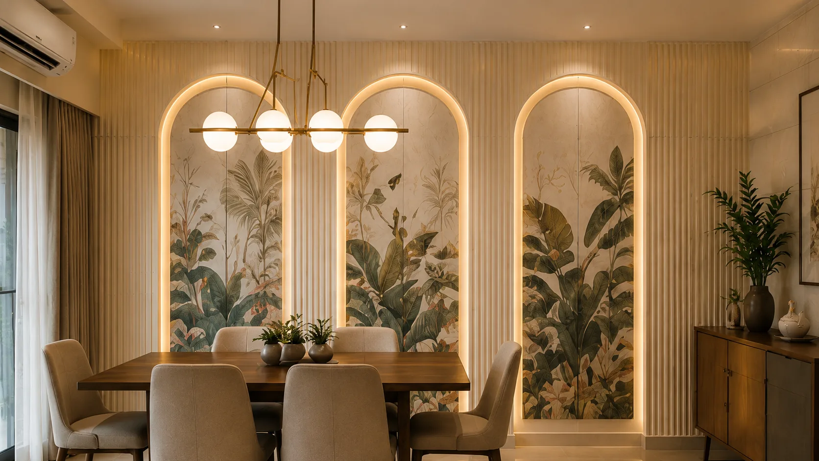 Contemporary Dining Wall with Arched Botanical Panels and Fluted Details | Interior Design Idea by IndecSpace