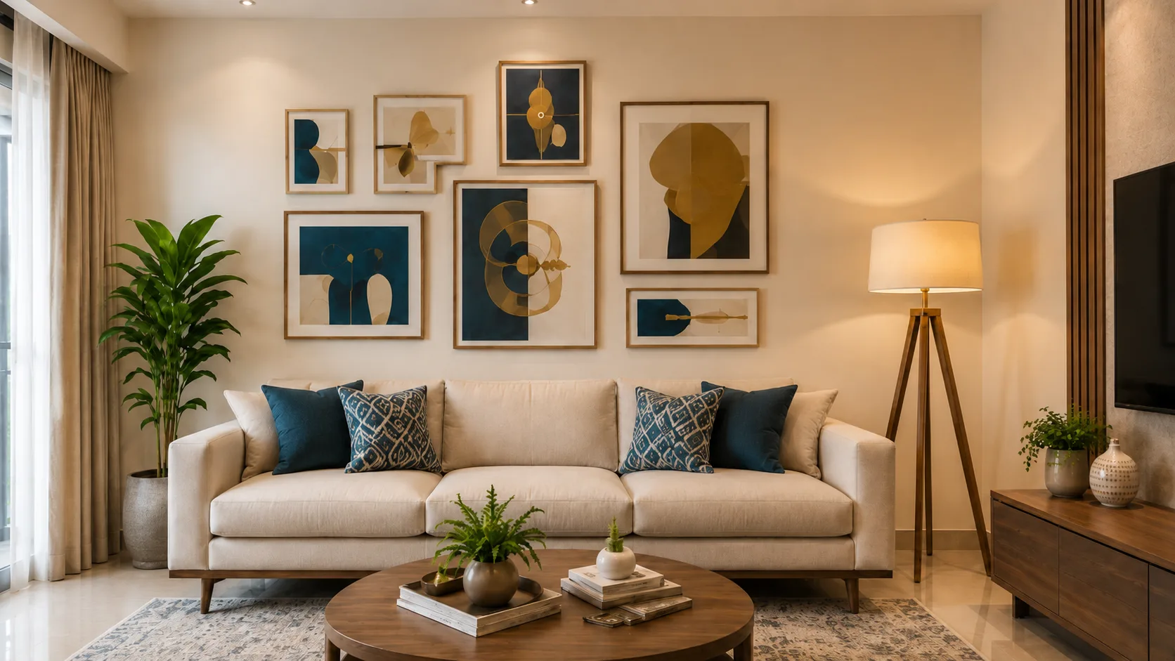 Contemporary Living Room Wall with an Abstract Gallery in Neutral Finish | Interior Design Idea by IndecSpace