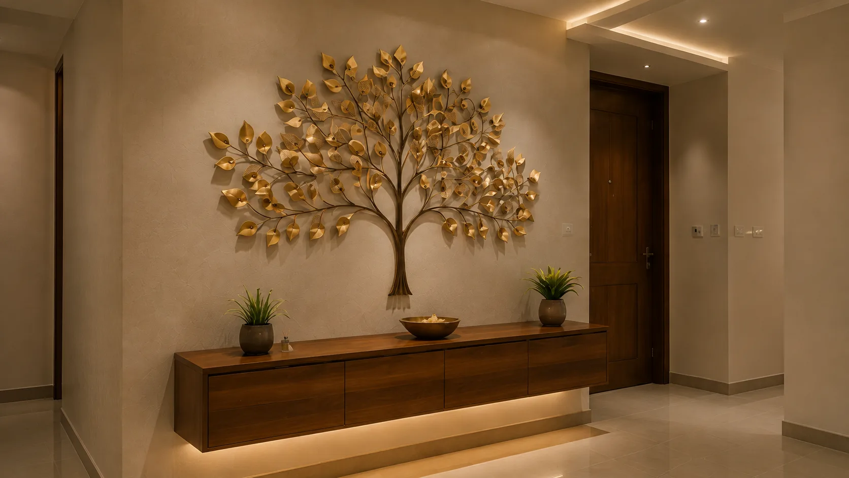 Modern Foyer Wall with Gold Metal Tree Art and a Floating Console | Interior Design Idea by IndecSpace