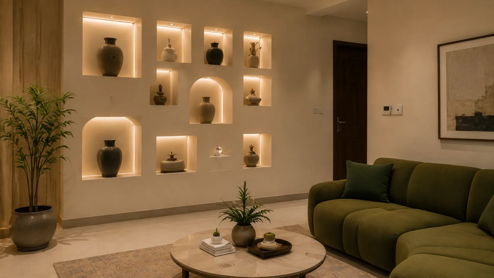 Modern Living Room Wall with Illuminated Display Niches | Interior Design Idea by IndecSpace