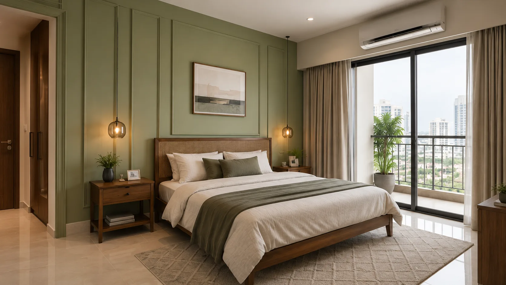 Contemporary Sage Green Bedroom Wall Paint with Classic Moulding Panels | Interior Design Idea by IndecSpace