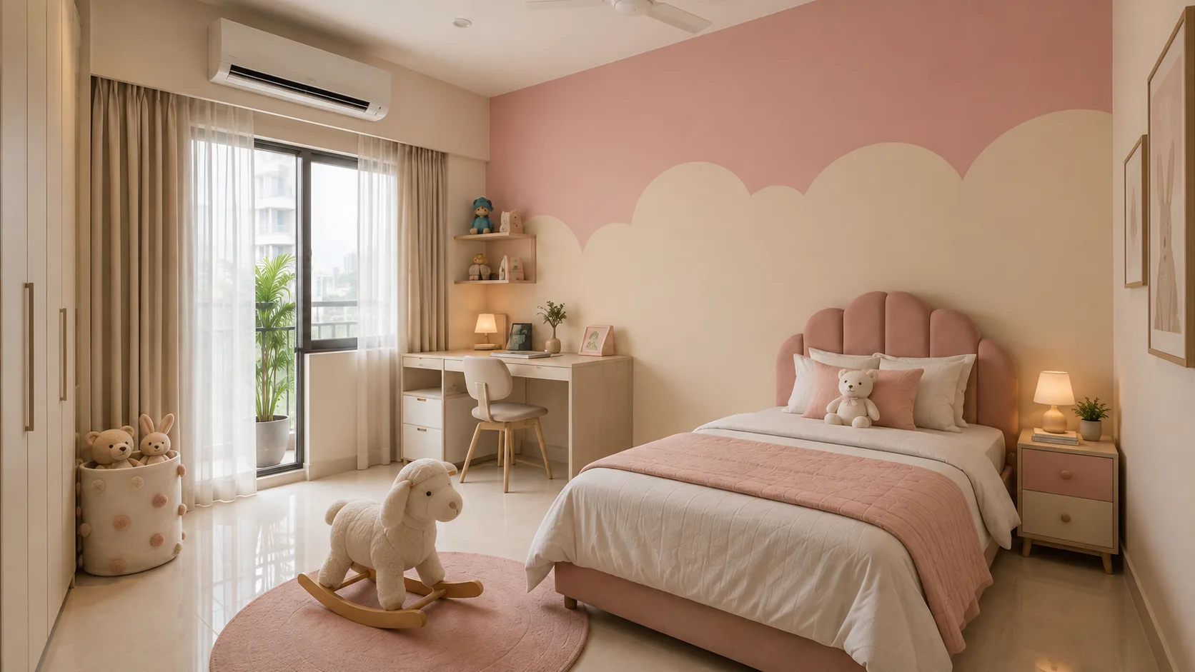 Kids Bedroom Wall Paint in Blush Pink with a Cream Scalloped Pattern | Interior Design Idea by IndecSpace