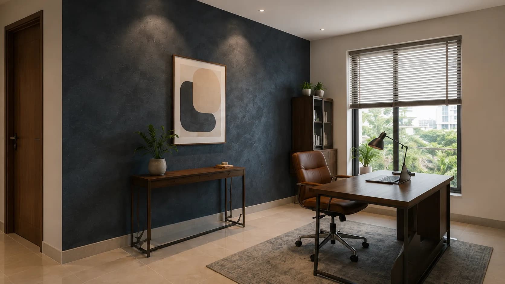 Modern Dark Blue Home Office Wall Paint in a Textured Matt Finish | Interior Design Idea by IndecSpace