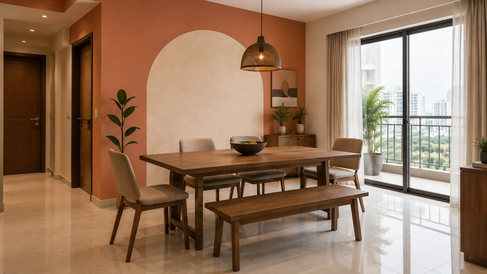 Modern Terracotta Dining Room Wall Paint with a Cream Arched Accent | Interior Design Idea by IndecSpace