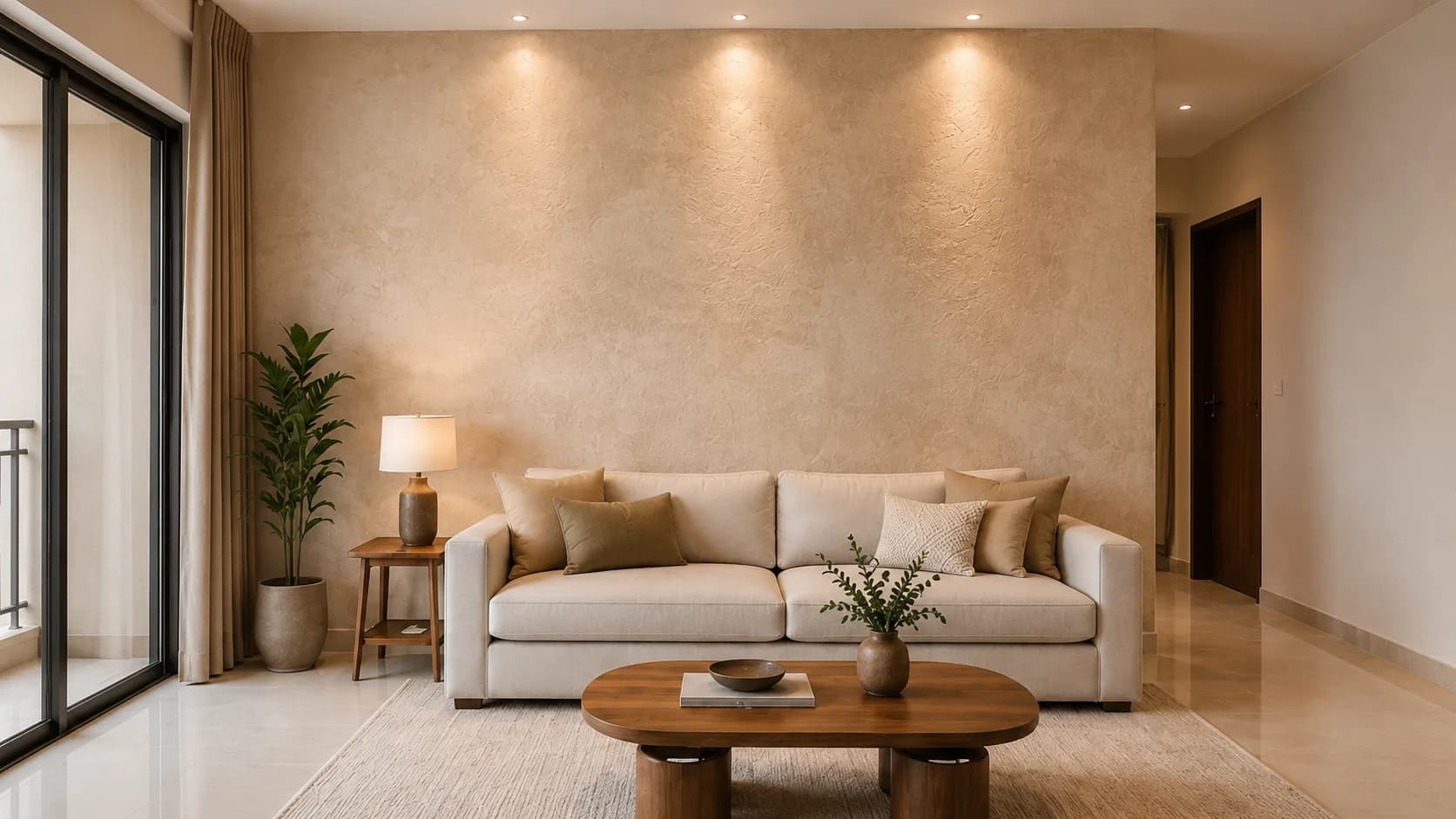 Warm Beige Textured Living Room Wall Paint in a Soft Neutral Finish | Interior Design Idea by IndecSpace