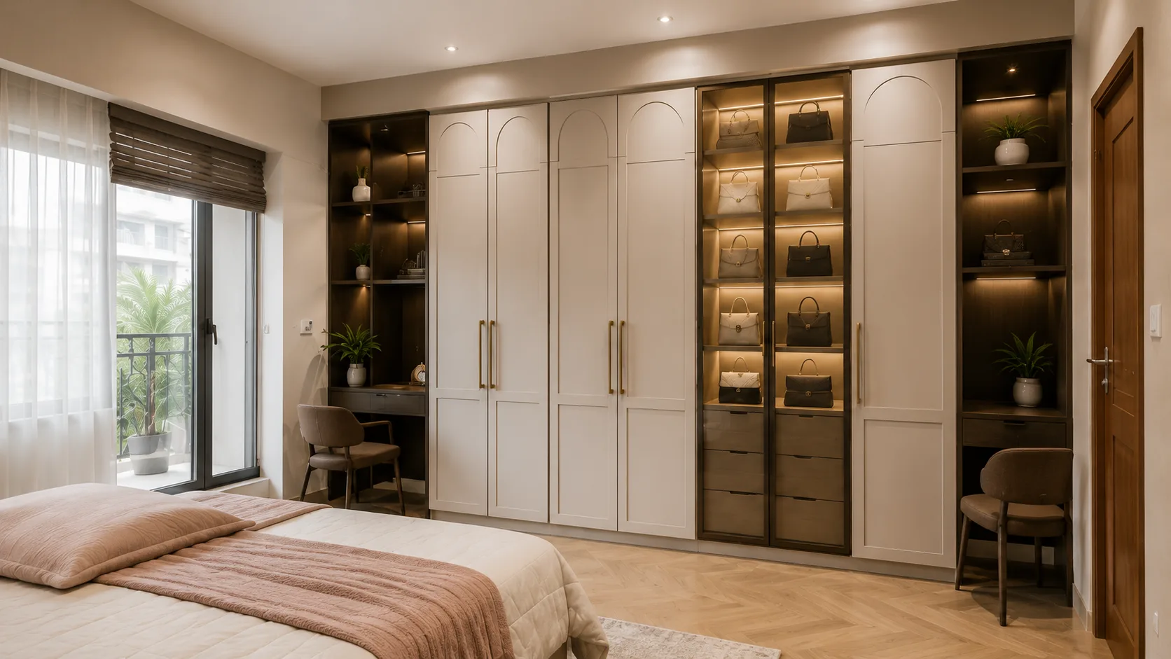 Classic Contemporary Swing Wardrobe with Cream Arched Panels | Interior Design Idea by IndecSpace