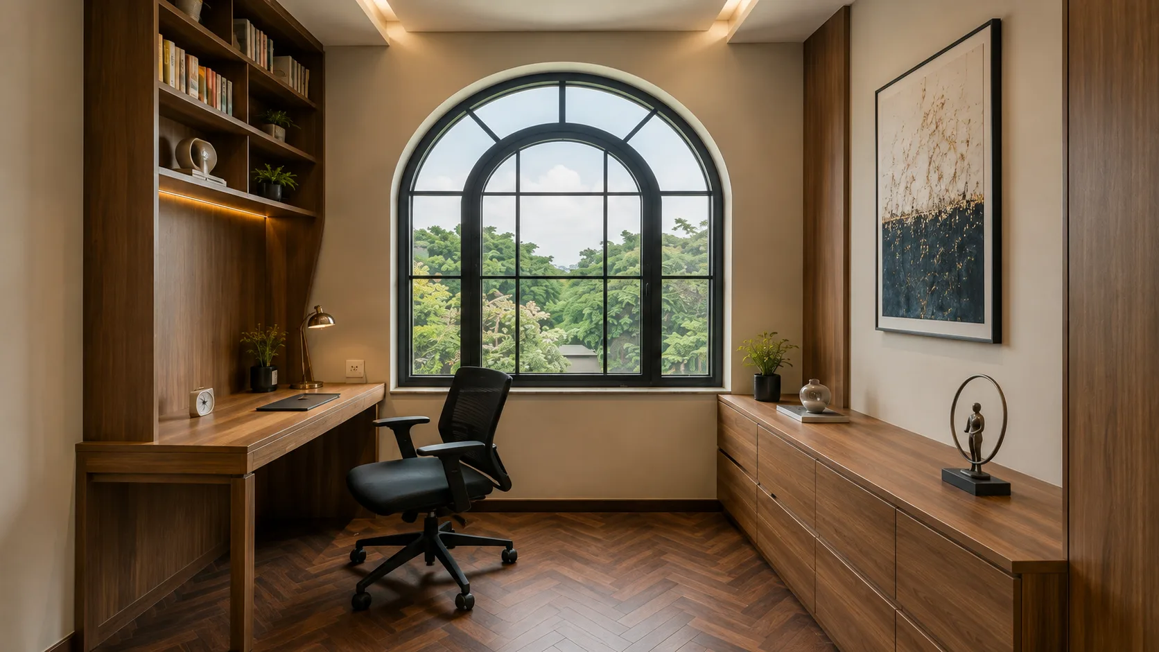 Classic Arched Black Aluminium Window with Grid Glass Panels | Interior Design Idea by IndecSpace