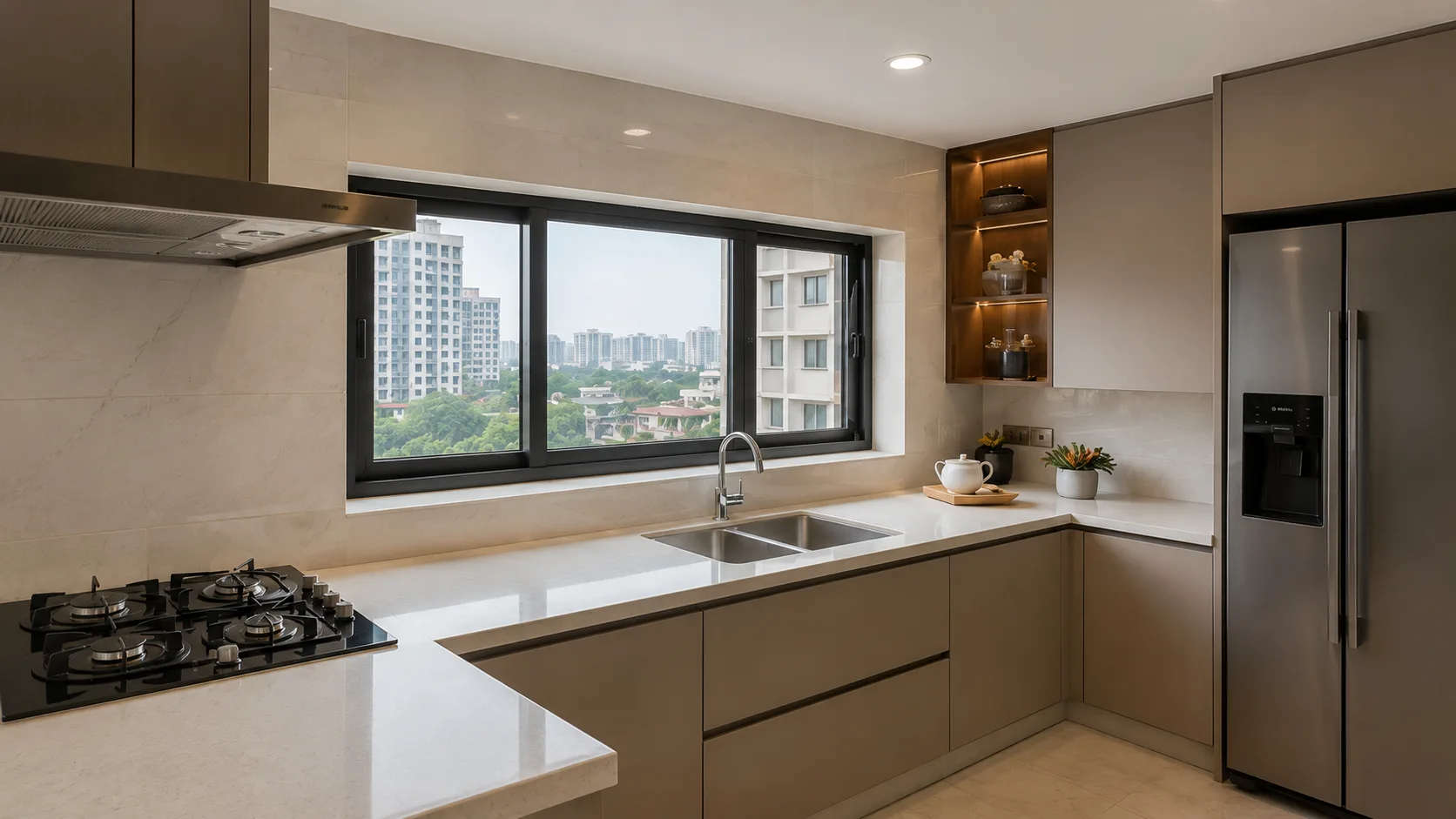 Modern Black Aluminium Sliding Kitchen Window with Wide Glass Panels — view 1 | IndecSpace