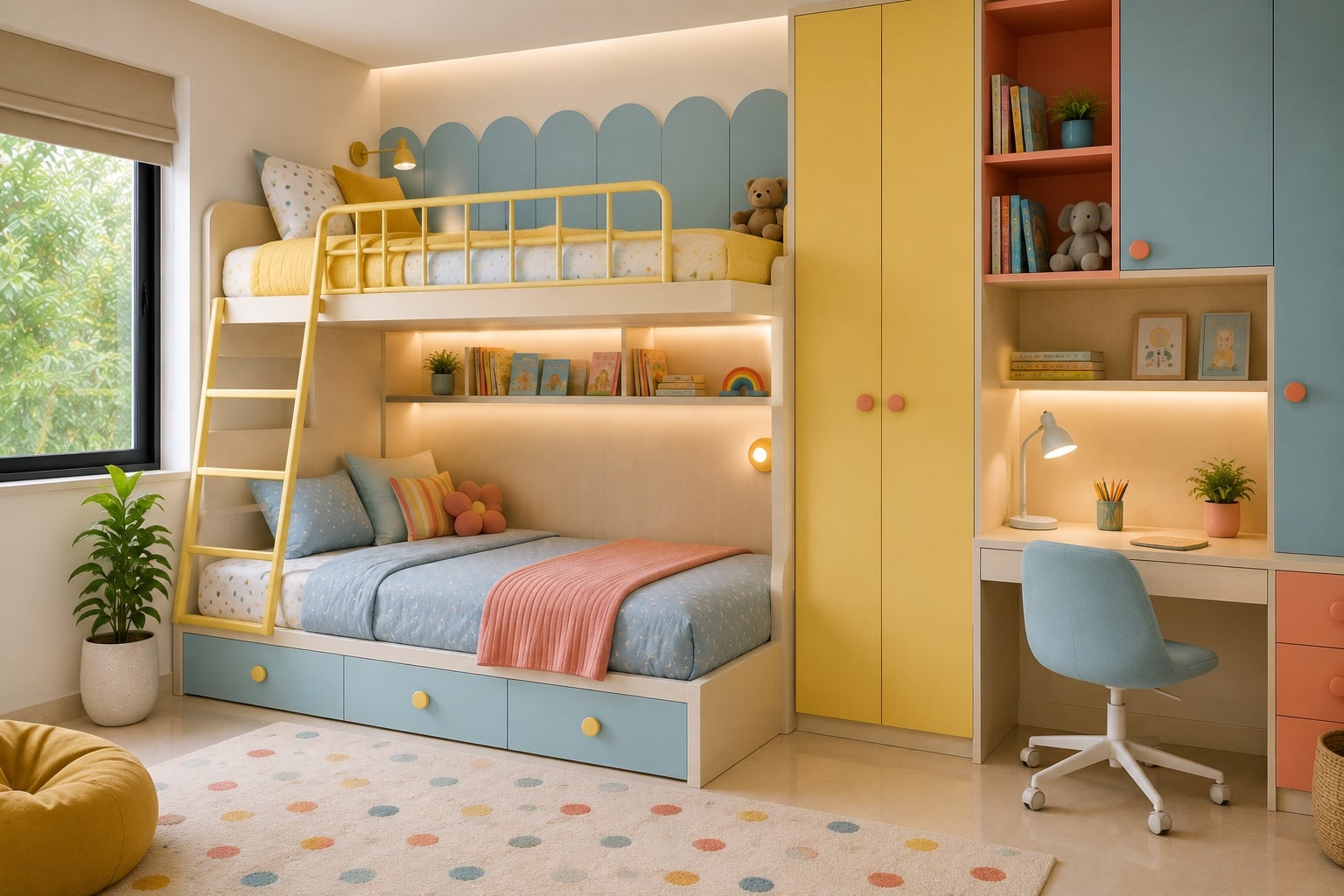 Modern Kids Bedroom Design with Bunk Bed and Study Nook | Interior Design Idea by IndecSpace
